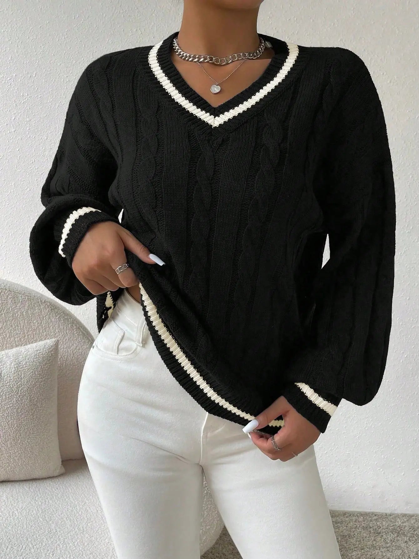 Women’s V-Neck Contrast Trim Jumper – Available in Multiple Colours