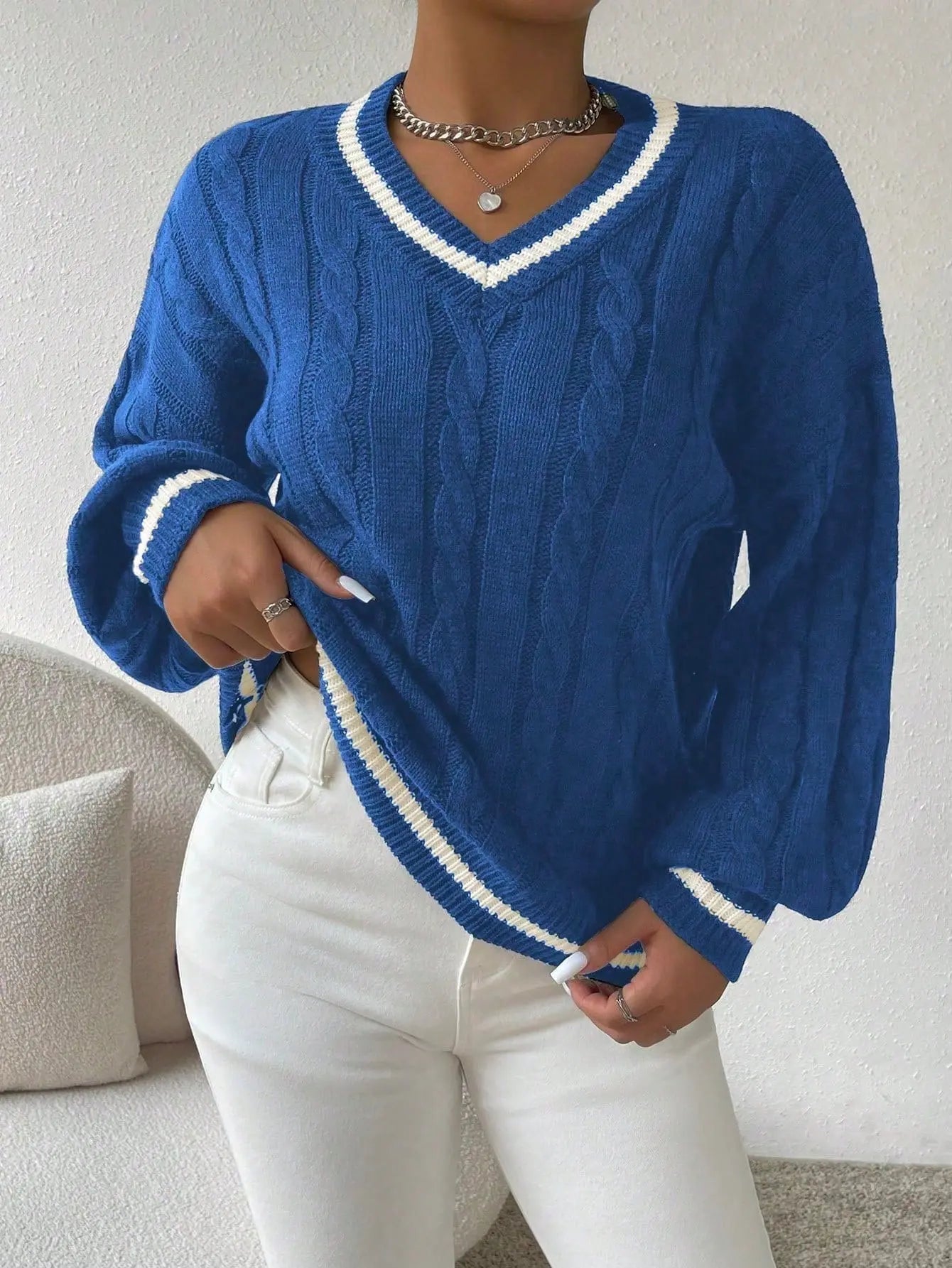 Women’s V-Neck Contrast Trim Jumper – Available in Multiple Colours