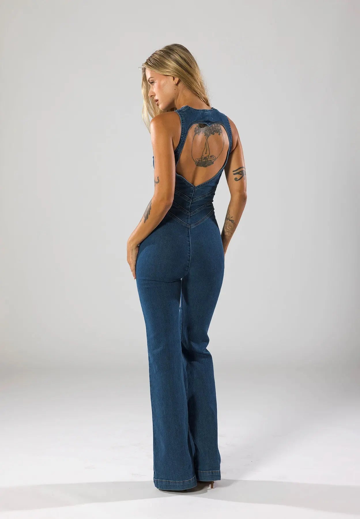Women’s Deep V-Neck Denim Jumpsuit – Flared Leg One-Piece