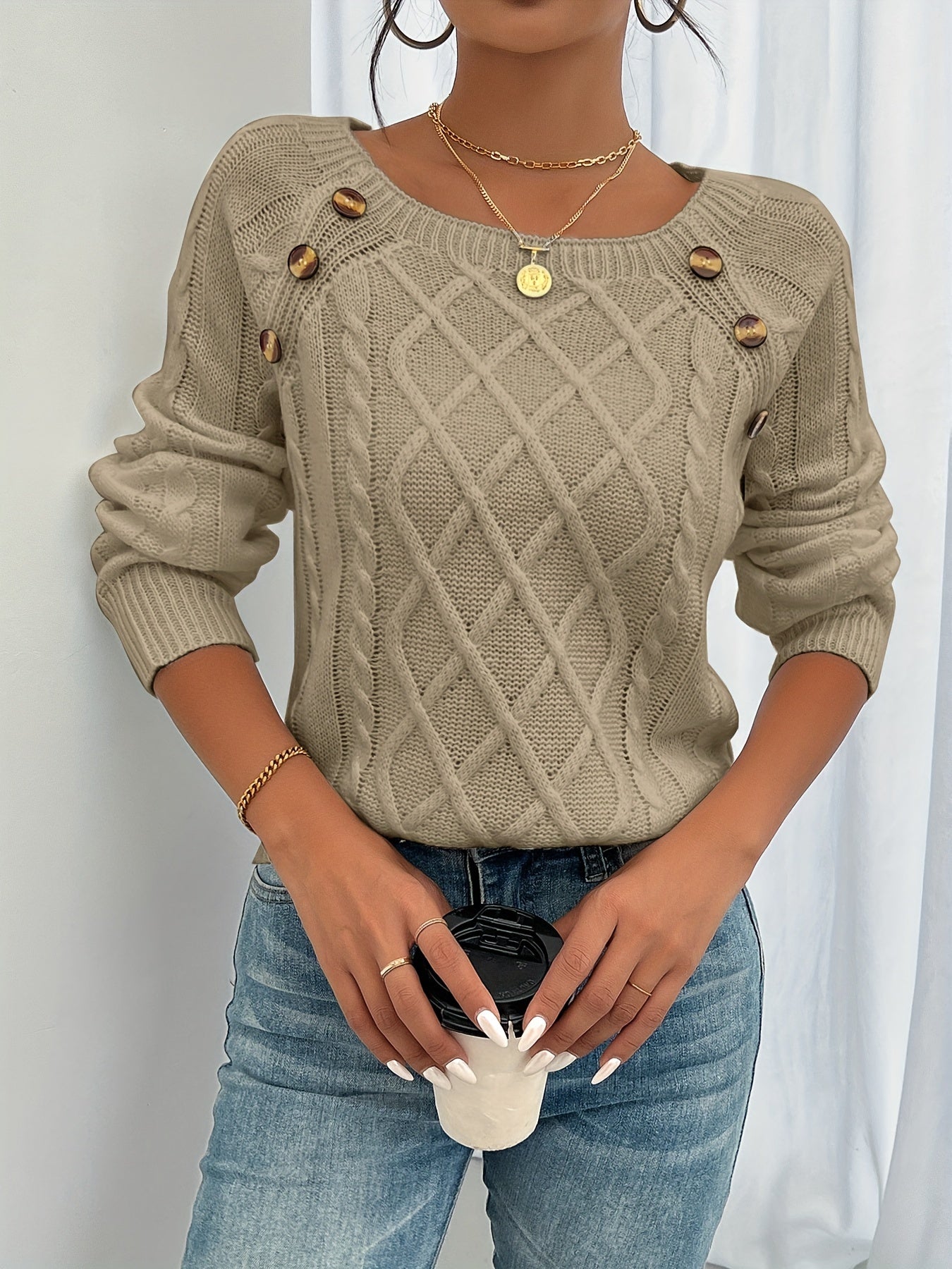 Women’s Cable Knit Sweater with Button Detail – Multiple Colors