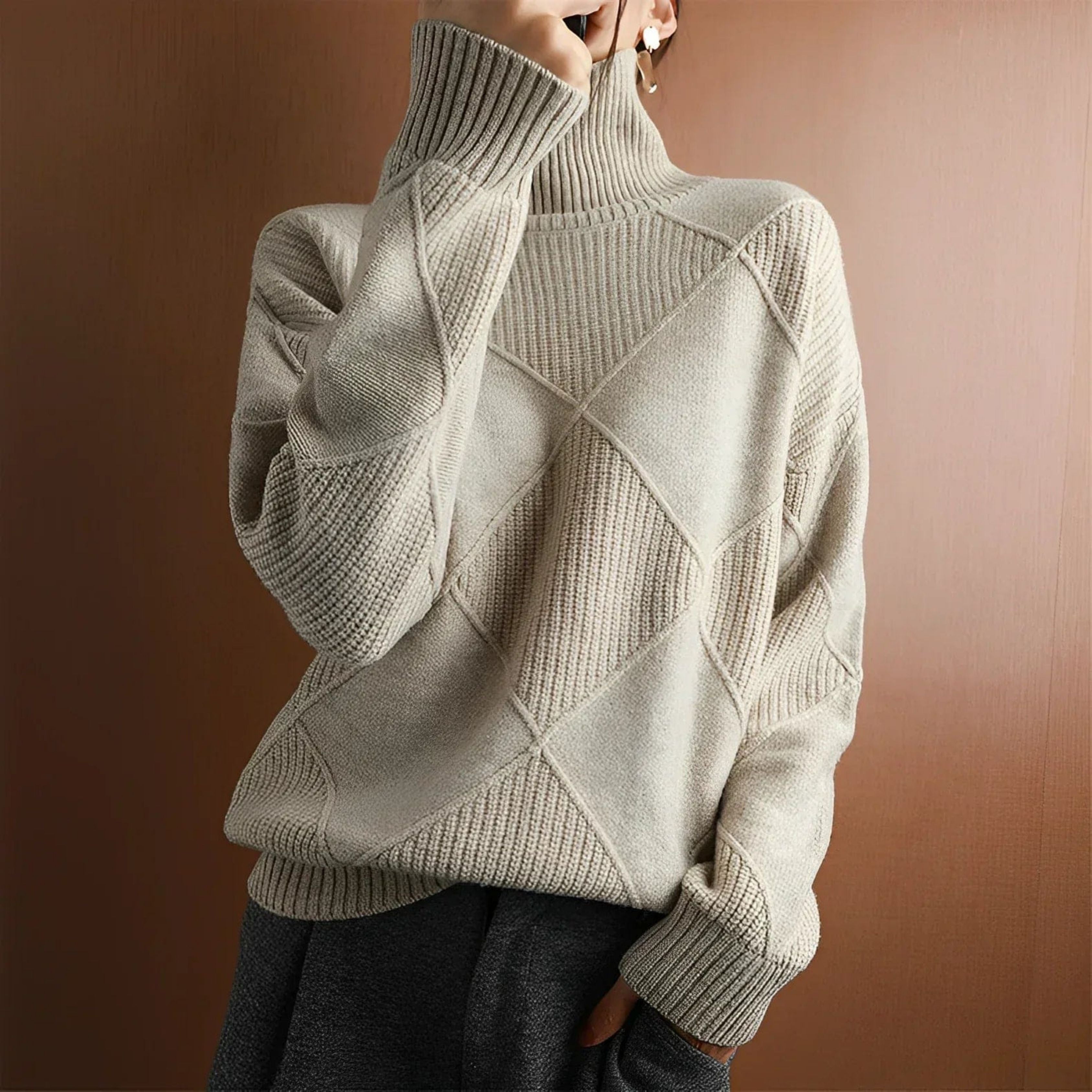Women’s Turtleneck Sweater with Geometric Knit Pattern