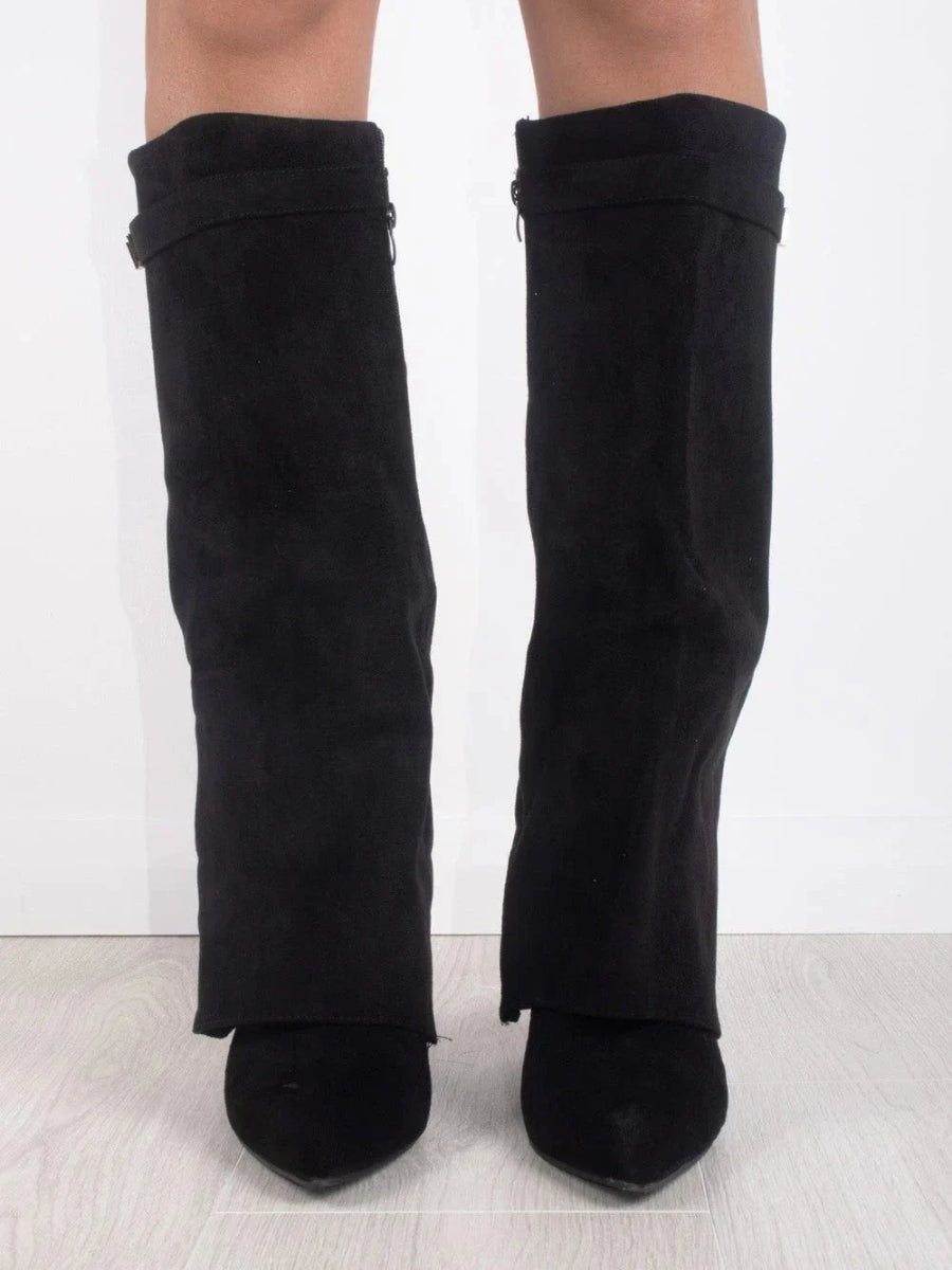Women’s Black Suede Knee-High Boots – Pointed Toe Low Heel