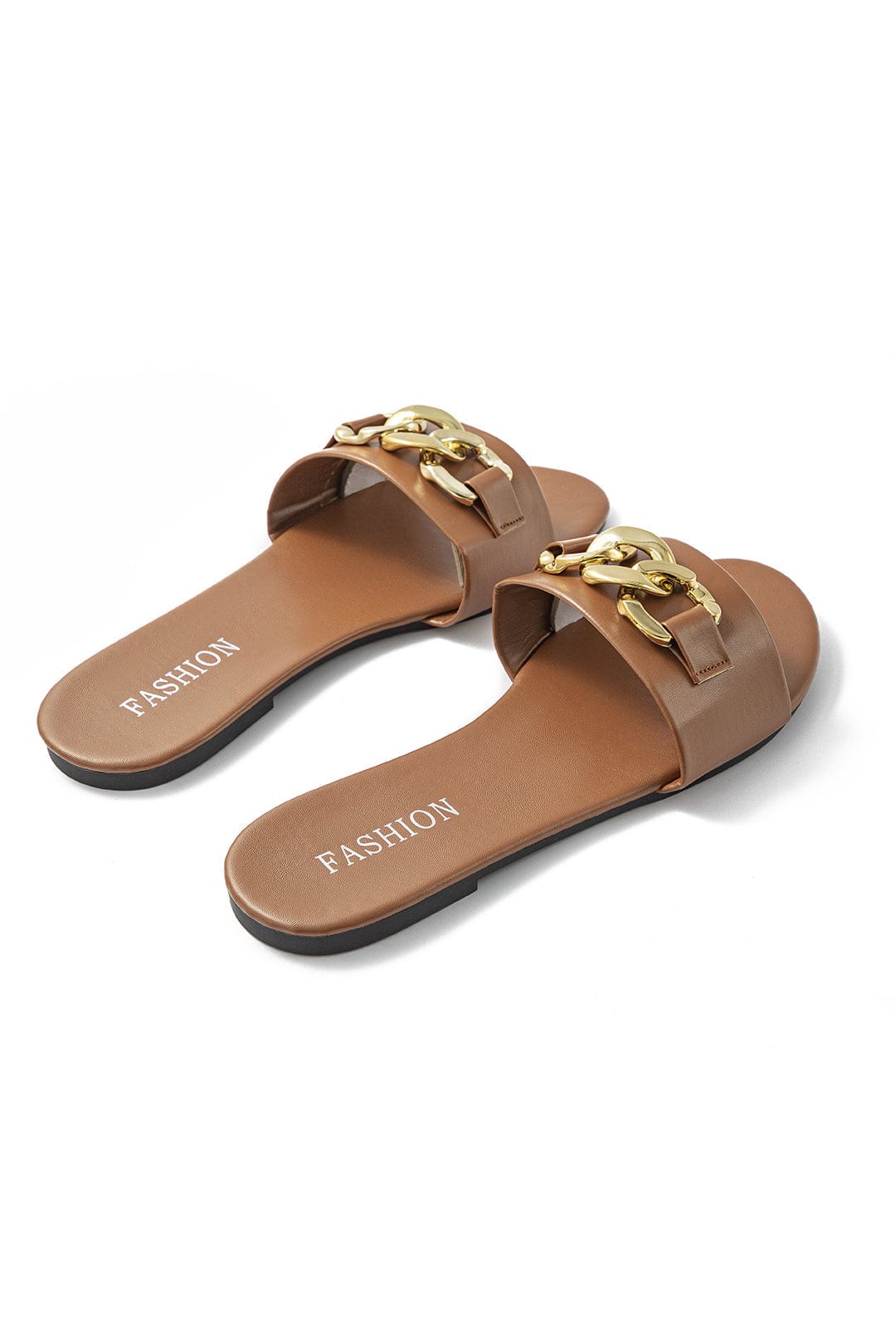 Women’s Slip-On Sandals with Gold Chain Detail – Flat Summer Slides