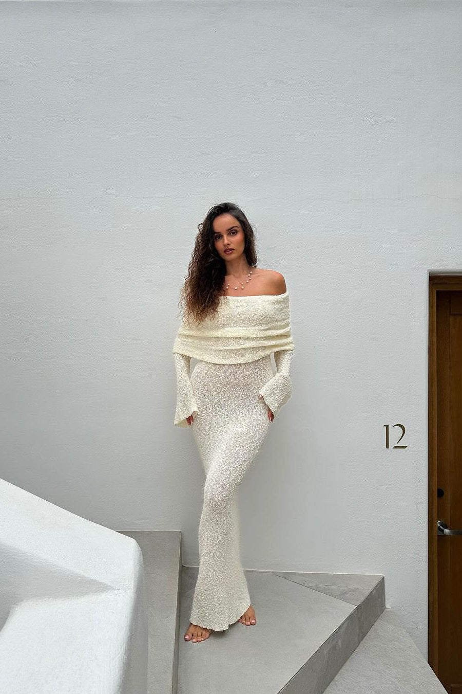 Off Shoulder Bouclé Knit Maxi Dress for Women – Long Sleeve, Elegant Slim Fit