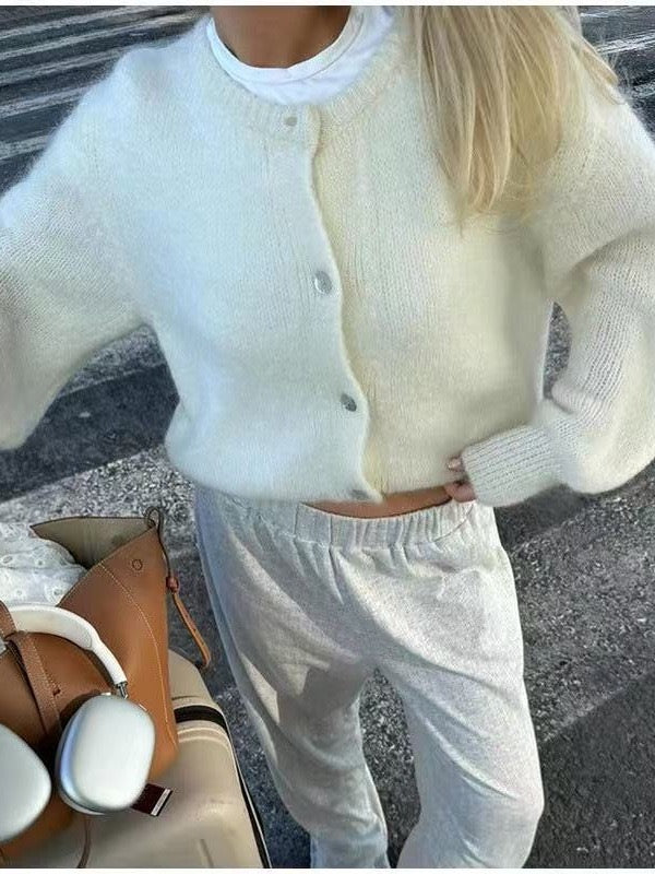 Cropped White Fluffy Cardigan – Soft Knit Button-Up for Women