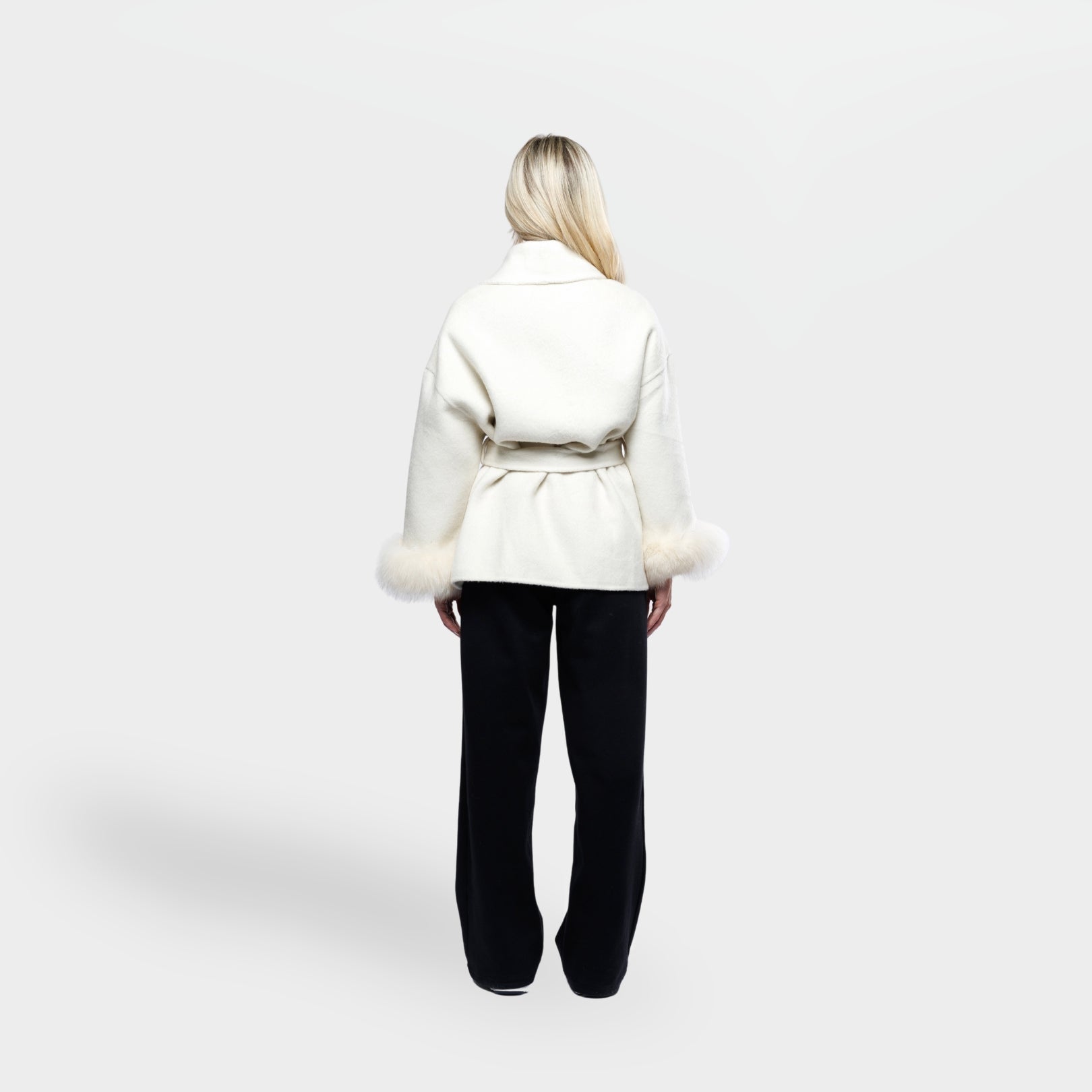 Women’s Grey Wrap Coat with Faux Fur Cuffs