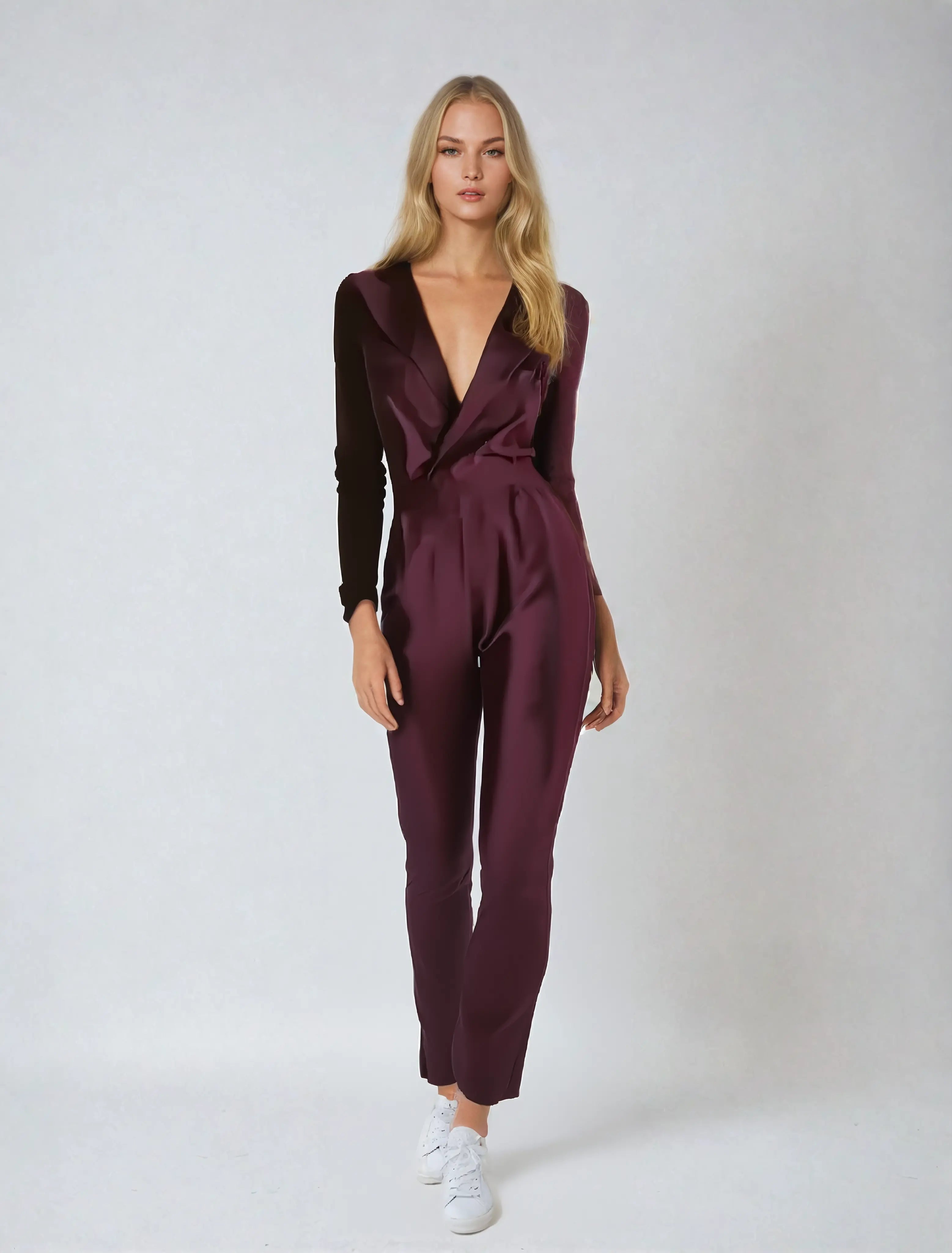 Women’s Satin Wrap Jumpsuit – Long Sleeve Belted One-Piece