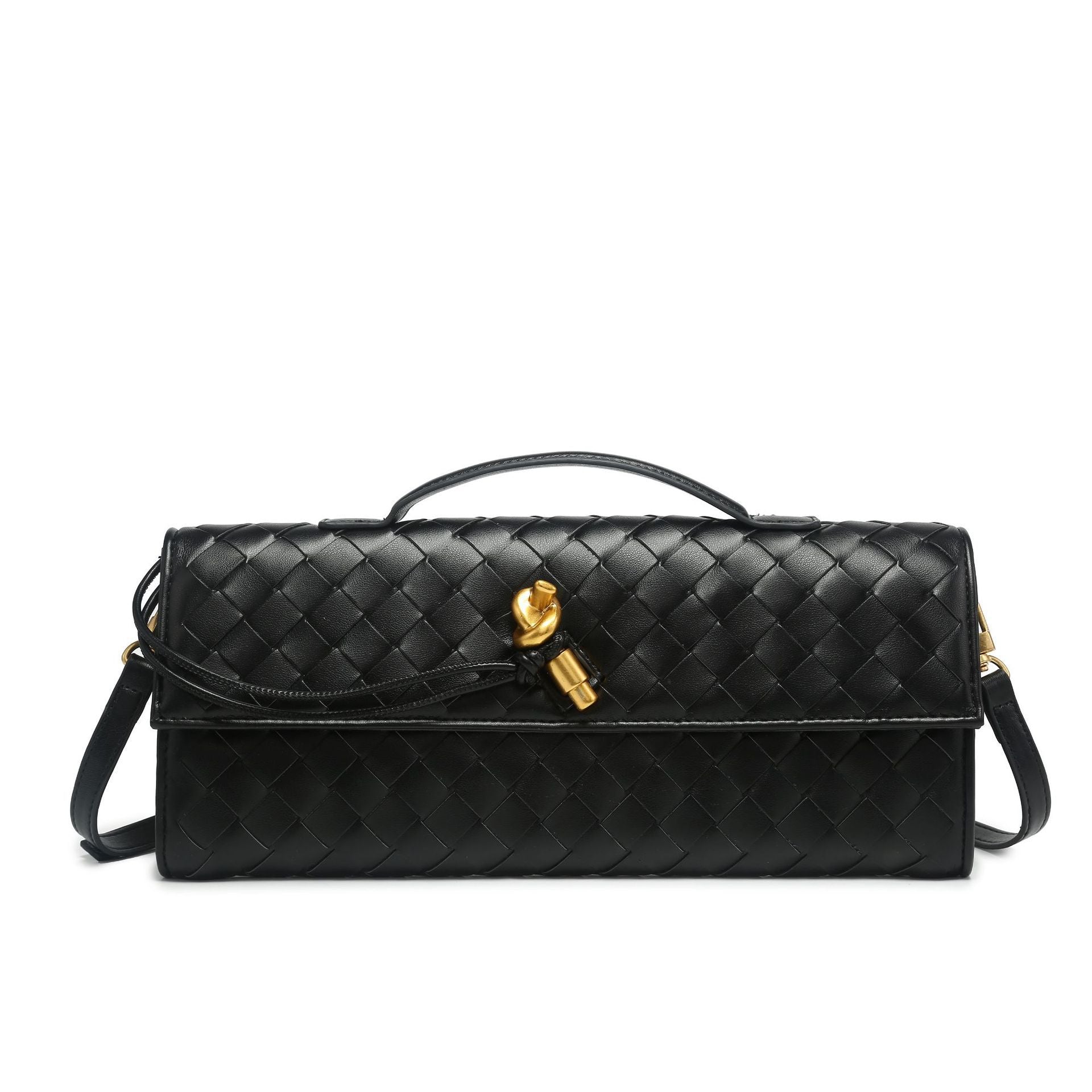 Black Woven Clutch Bag with Top Handle and Gold Twist Lock – Chic Evening Style