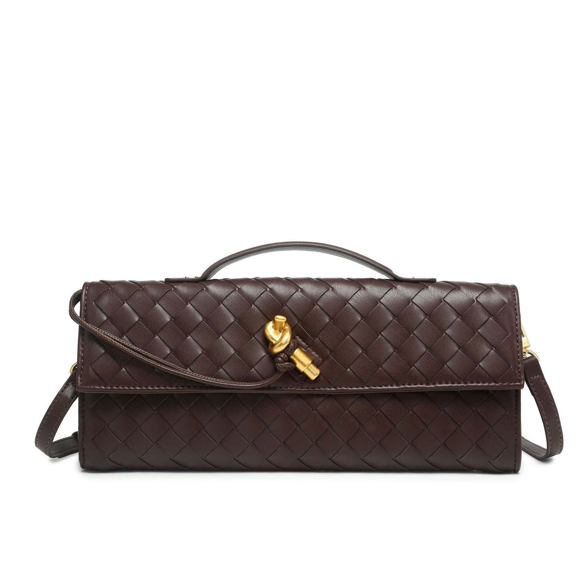Black Woven Clutch Bag with Top Handle and Gold Twist Lock – Chic Evening Style