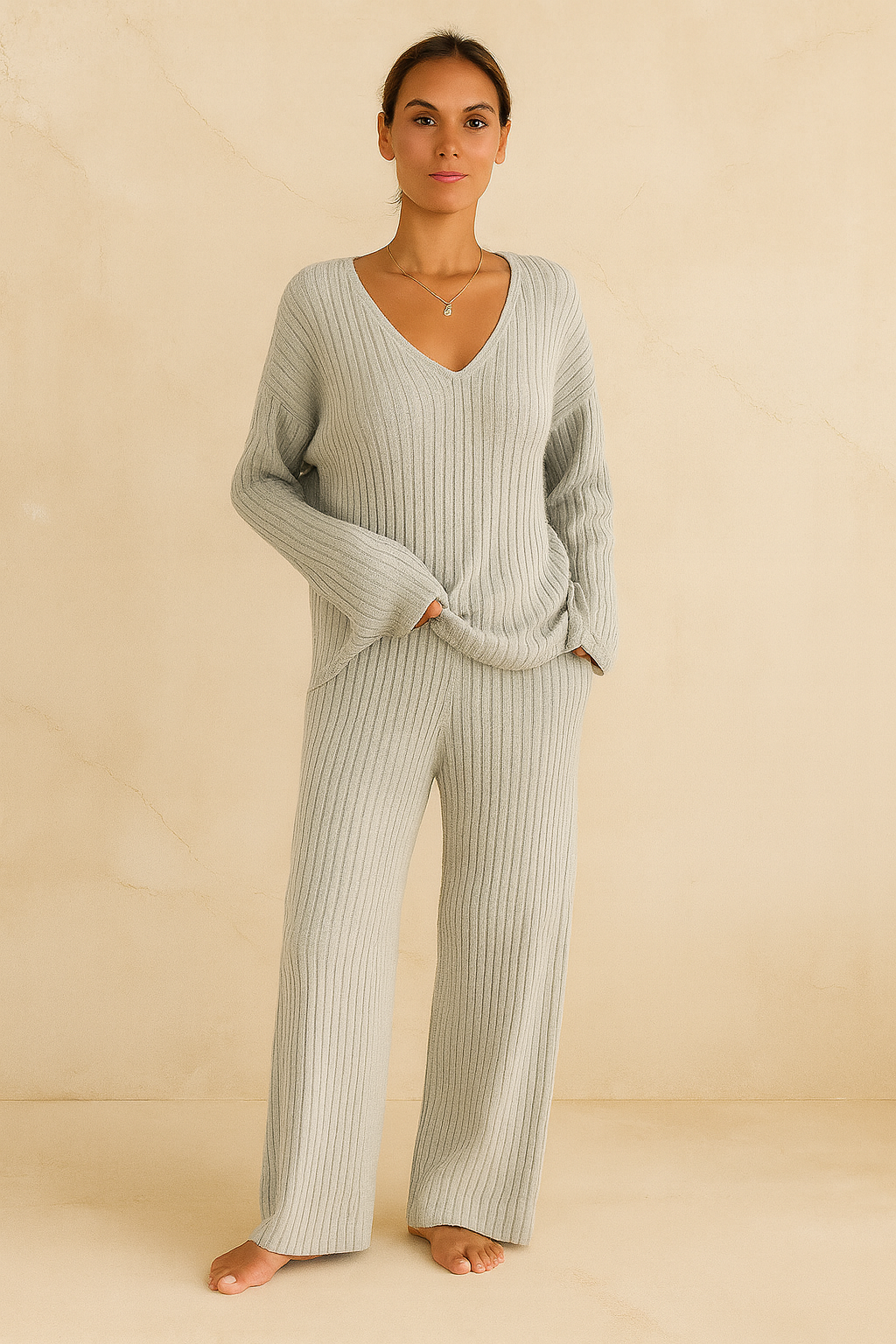 Women’s Beige Ribbed Knit Loungewear Set – V-Neck Sweater & Wide-Leg Pants