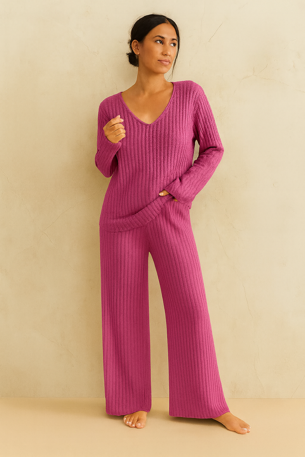 Women’s Beige Ribbed Knit Loungewear Set – V-Neck Sweater & Wide-Leg Pants
