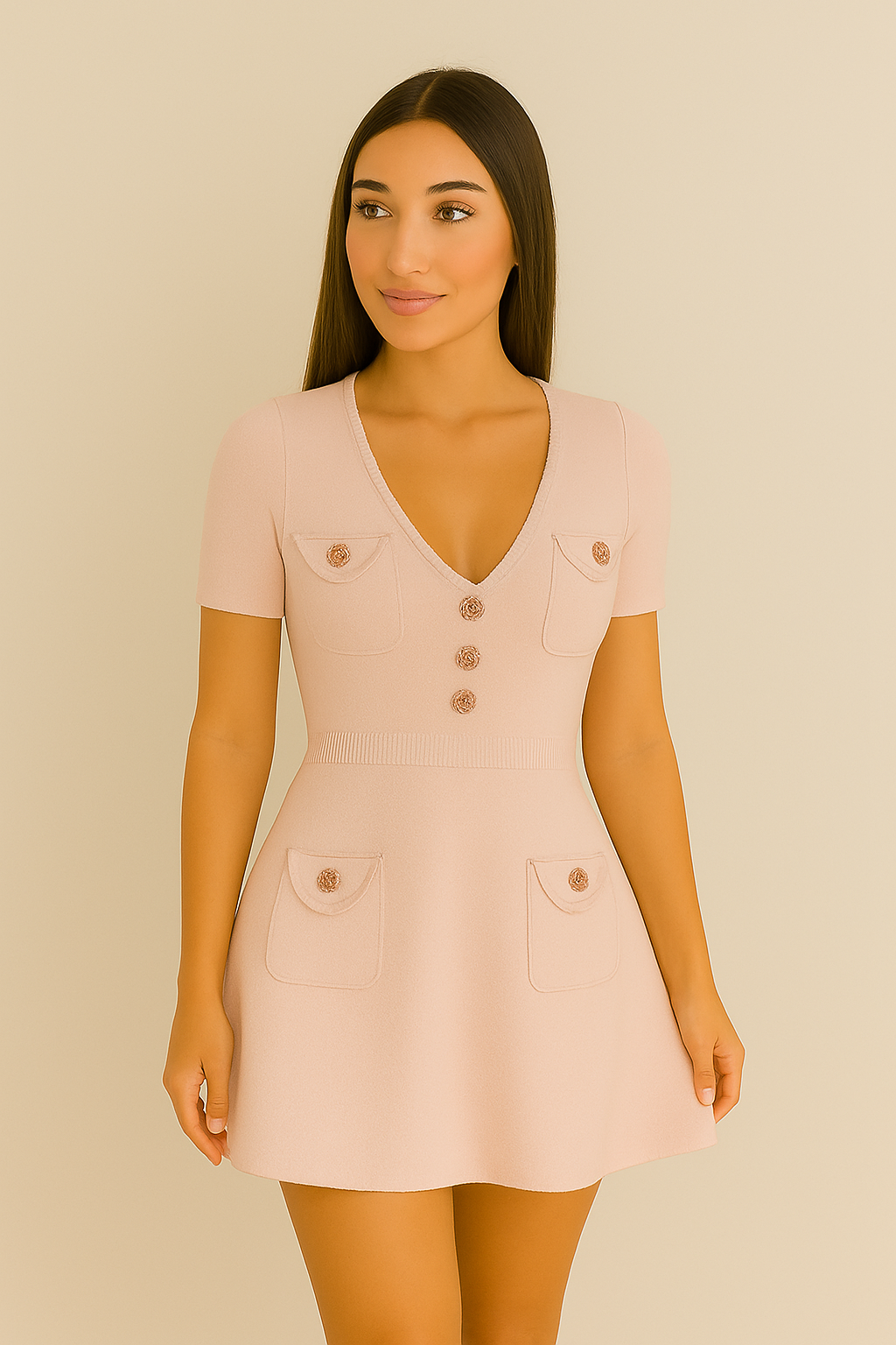 Light pink tweed mini dress with gold buttons and patch pockets