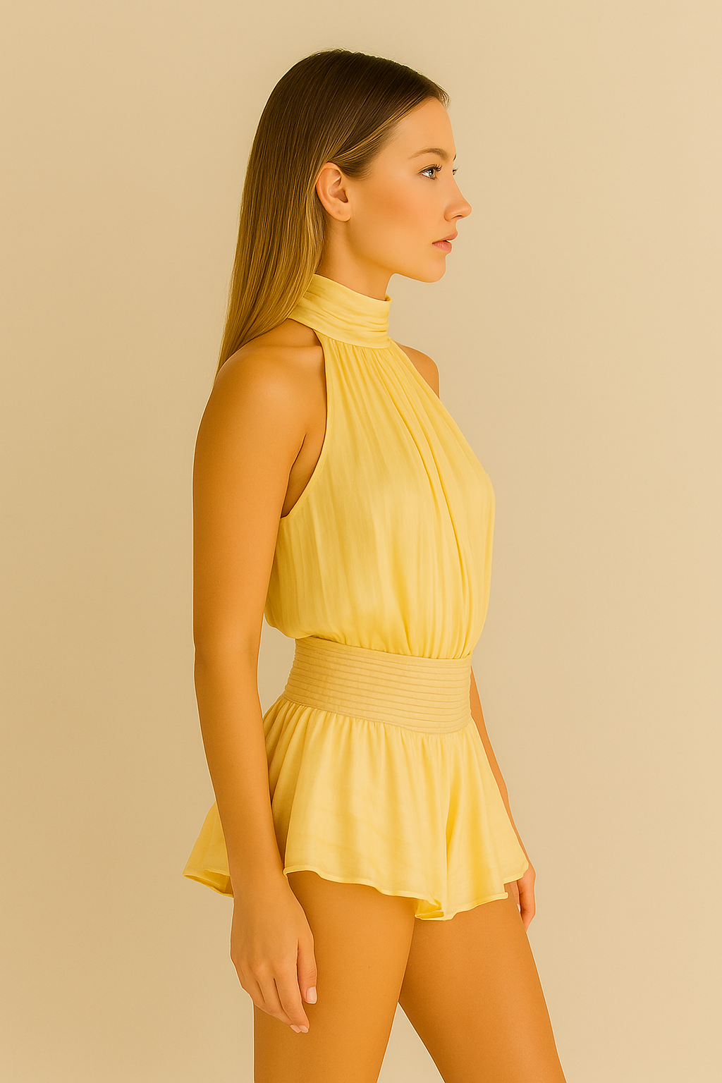 Buttery yellow halter mini dress with ruffle hem | lightweight & flowy