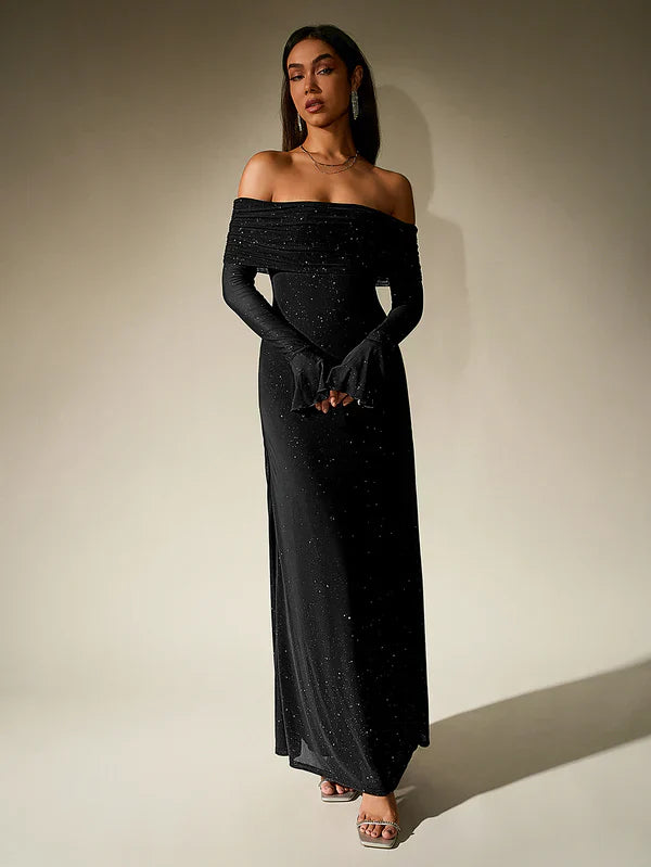 Women’s Off-Shoulder Maxi Evening Dress with Long Sleeves