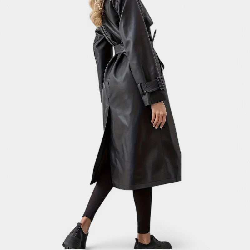 Women’s Long Black Faux Leather Trench Coat with Belt