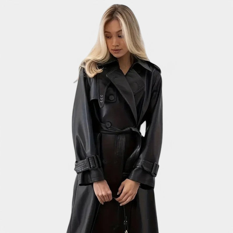 Women’s Long Black Faux Leather Trench Coat with Belt