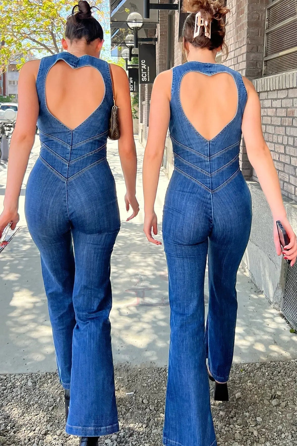 Women’s Deep V-Neck Denim Jumpsuit – Flared Leg One-Piece