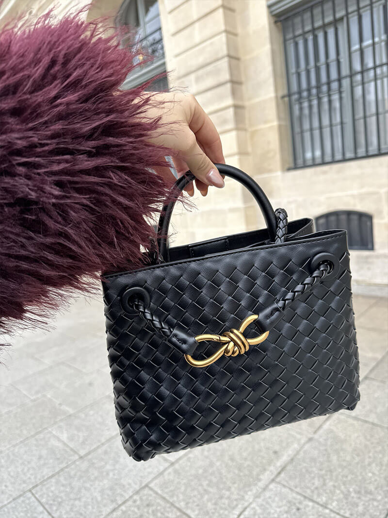 Black Woven Leather Tote Bag with Gold Accent – Structured Elegance