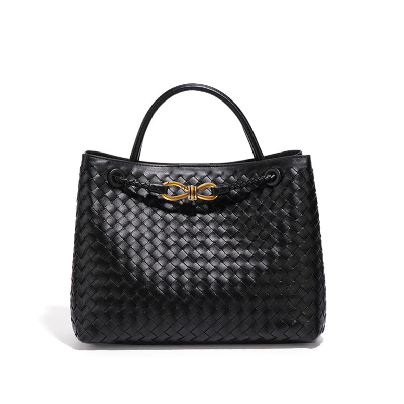 Black Woven Leather Tote Bag with Gold Accent – Structured Elegance