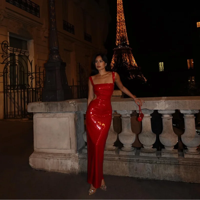 Women’s Sequin Maxi Dress with Spaghetti Straps and Side Split – Evening Gown