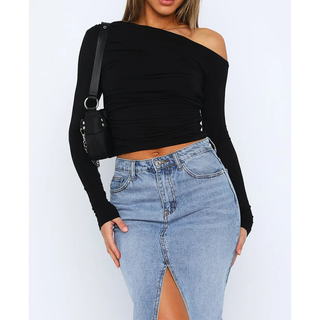 Women’s Off-Shoulder Long Sleeve Crop Top – Fitted Blouse