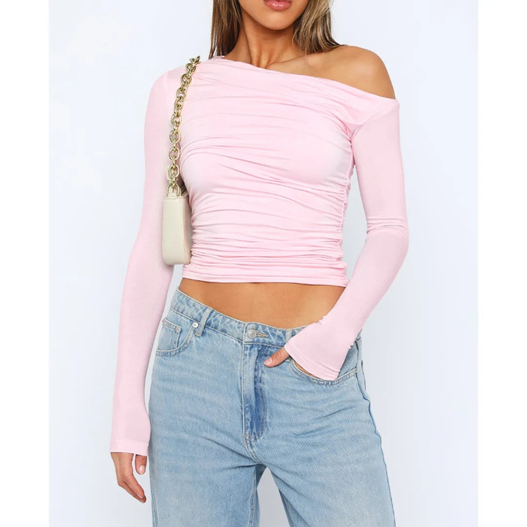Women’s Off-Shoulder Long Sleeve Crop Top – Fitted Blouse