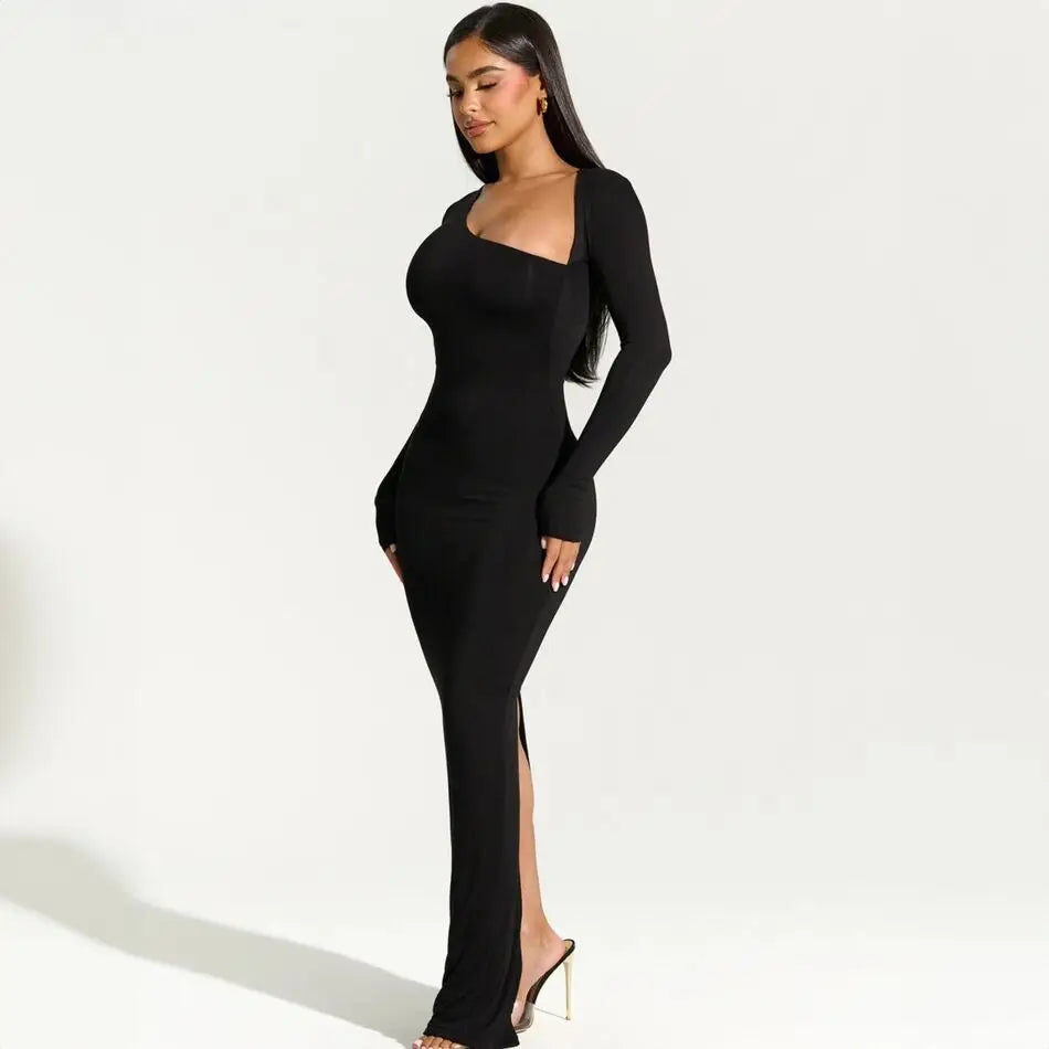 One-Shoulder Long Sleeve Evening Gown – Floor-Length Bodycon Formal Dress