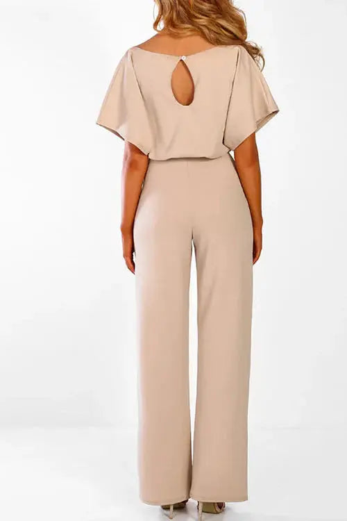 Women’s Short Sleeve Belted Jumpsuit – Elegant Wide-Leg One-Piece
