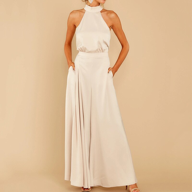 Women’s White Halterneck Jumpsuit – Wide Leg Evening One-Piece