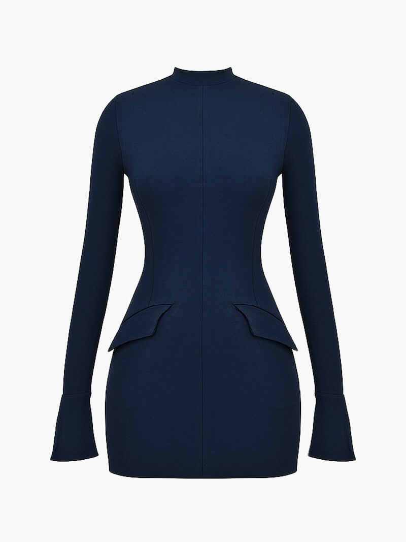Navy Blue Long Sleeve Mini Dress – High Neck Bodycon Cocktail Dress
