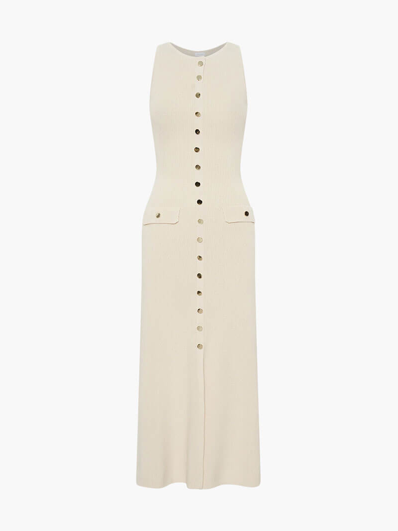 Beige Sleeveless Button Down Maxi Dress – Elegant Summer Casual Dress with Front Slit