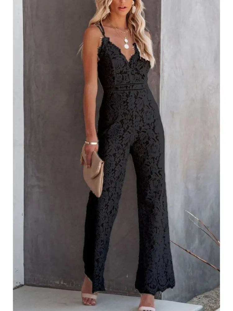 Women’s White Lace Jumpsuit – Spaghetti Strap V-Neck One-Piece