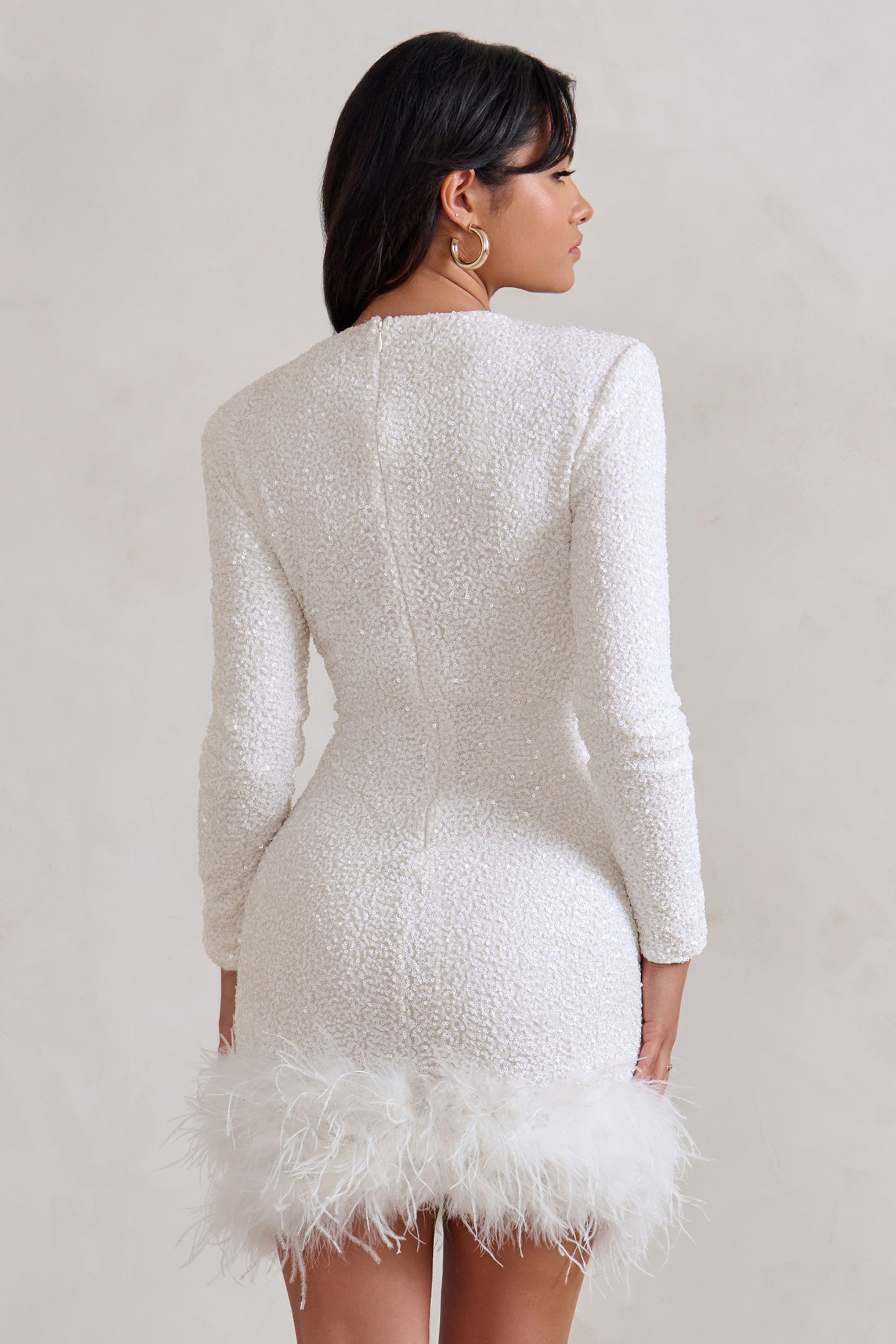 Feather Trim Long Sleeve Mini Dress – Fitted Cocktail Dress with Shoulder Detail