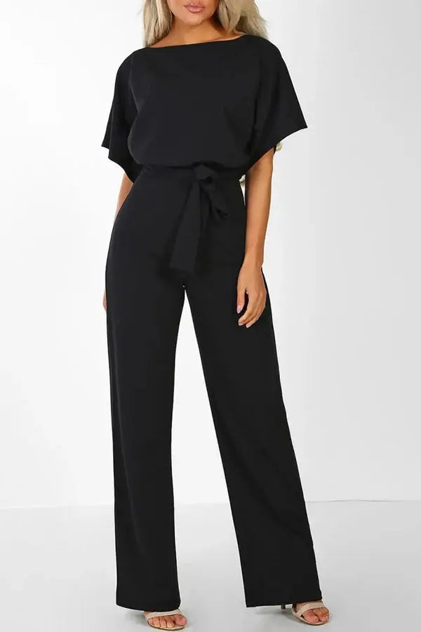 Women’s Short Sleeve Belted Jumpsuit – Elegant Wide-Leg One-Piece