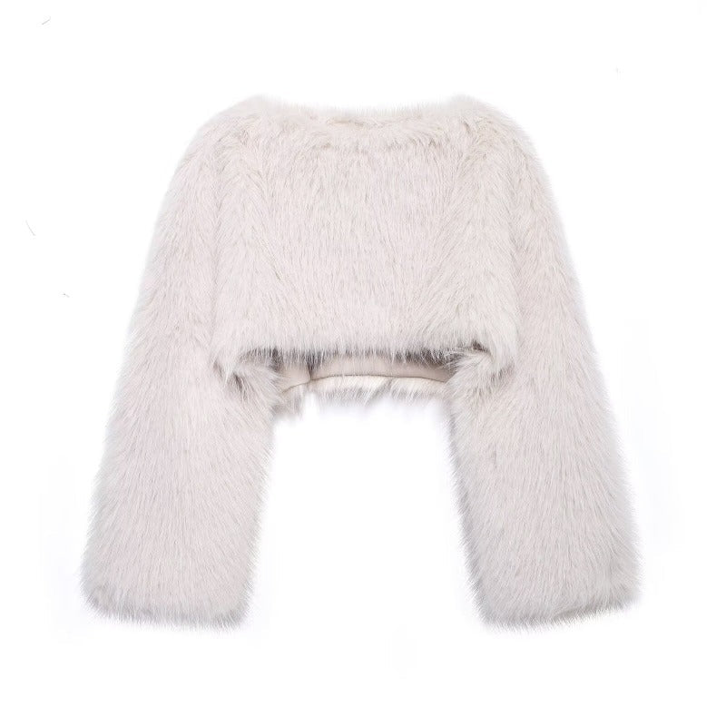 Women's Cropped Faux Fur Top – Long Sleeve Fluffy Jacket Style