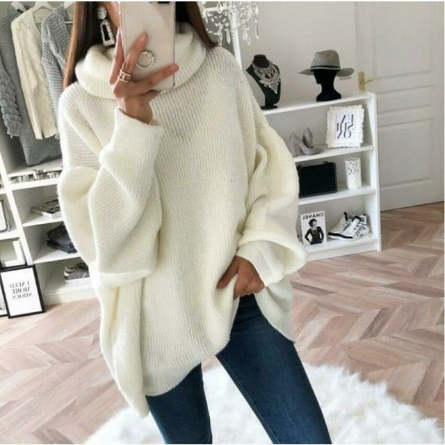 Oversized Camel Knit Sweater with Turtleneck – Women