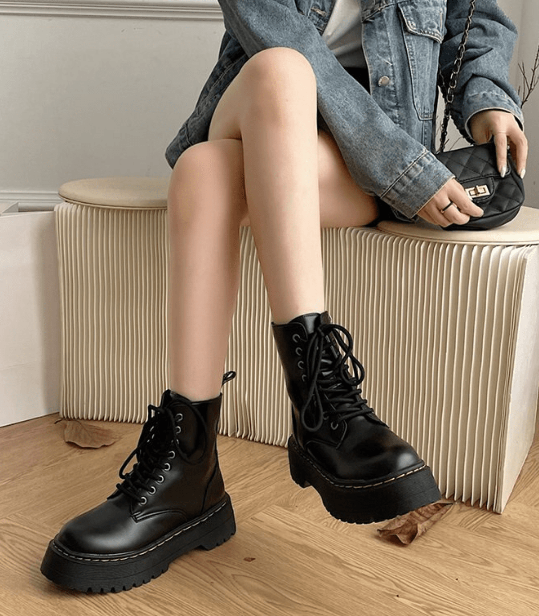 Women’s Black Platform Combat Boots – Lace-Up Ankle Boots