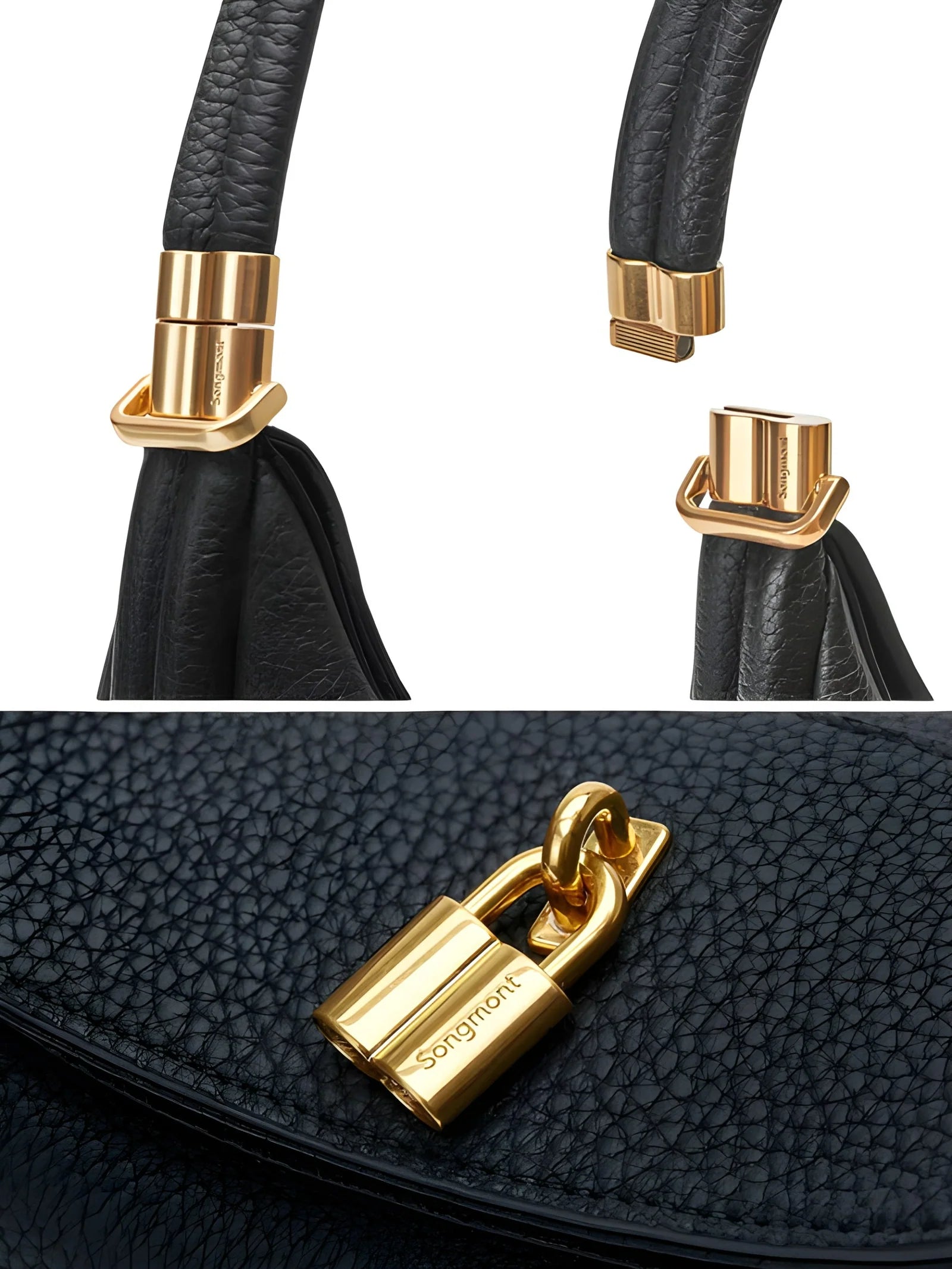 Black Leather Crescent Shoulder Bag with Gold Hardware