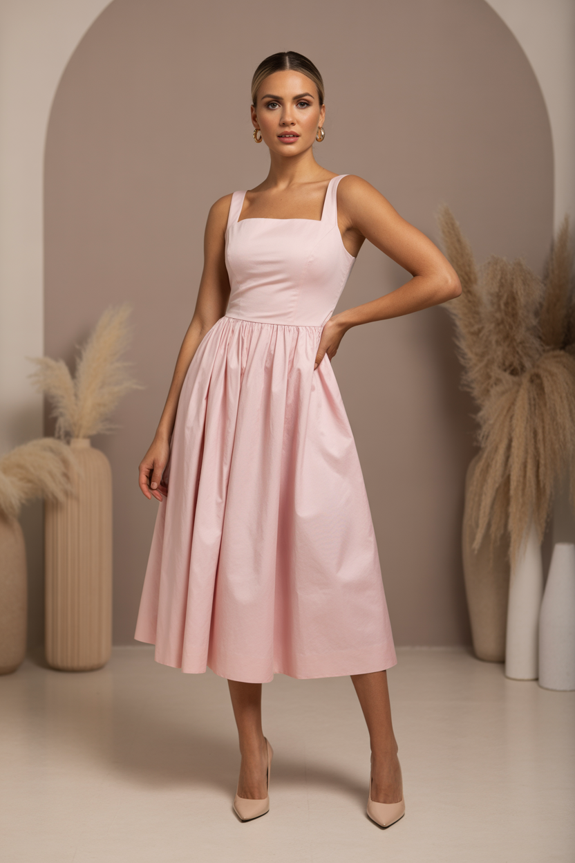 Soft pink cotton maxi dress with square neckline and gathered skirt