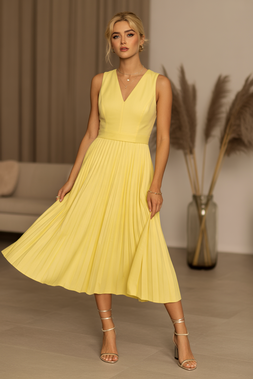 Gele Plissé Zomerjurk – V-Hals Maxi Jurk met Elegante Uitstraling