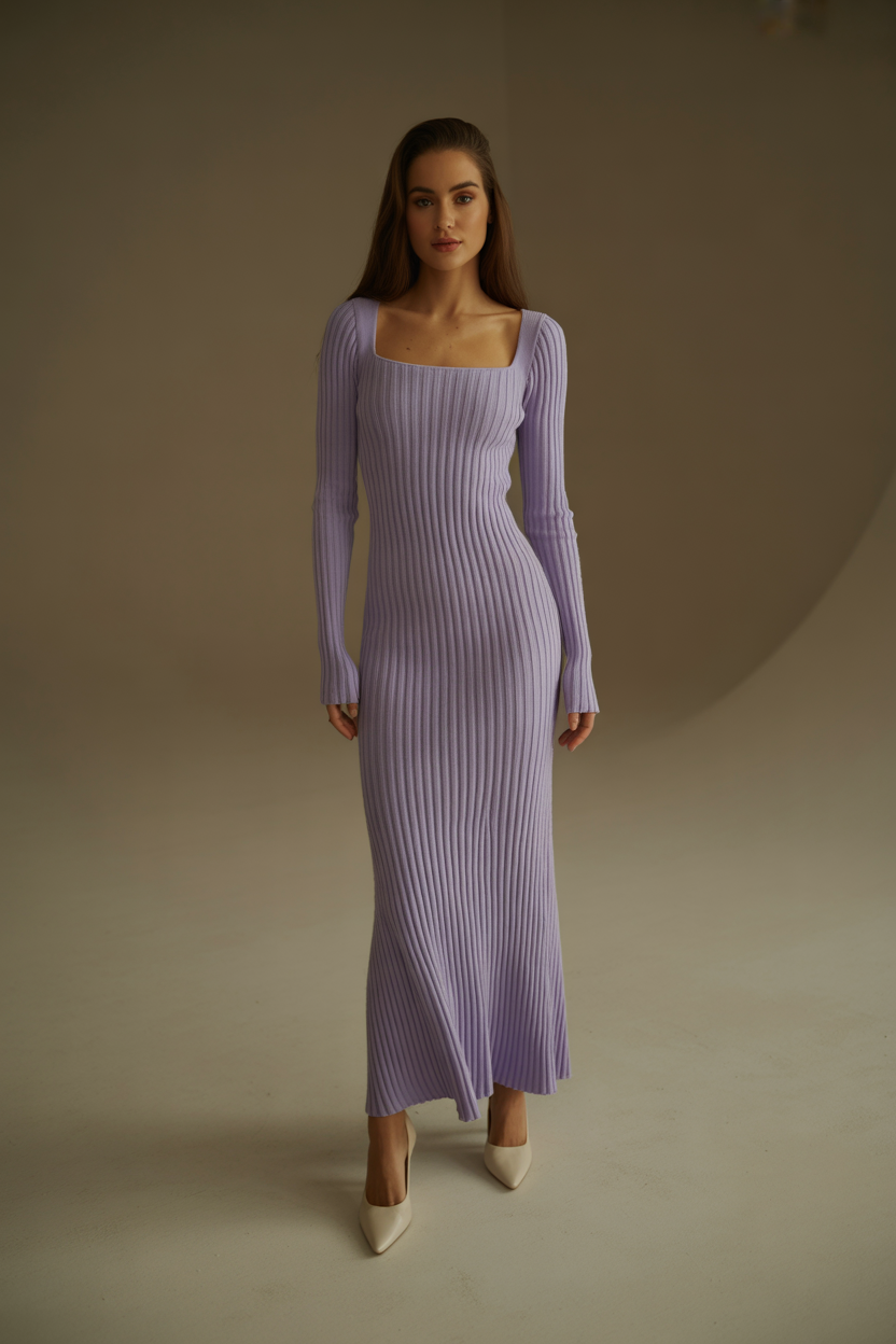 Purple ribbed maxi dress with flared sleeves and square neckline