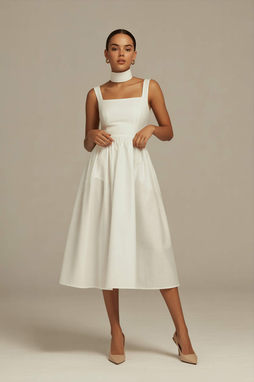 Soft pink cotton maxi dress with square neckline and gathered skirt