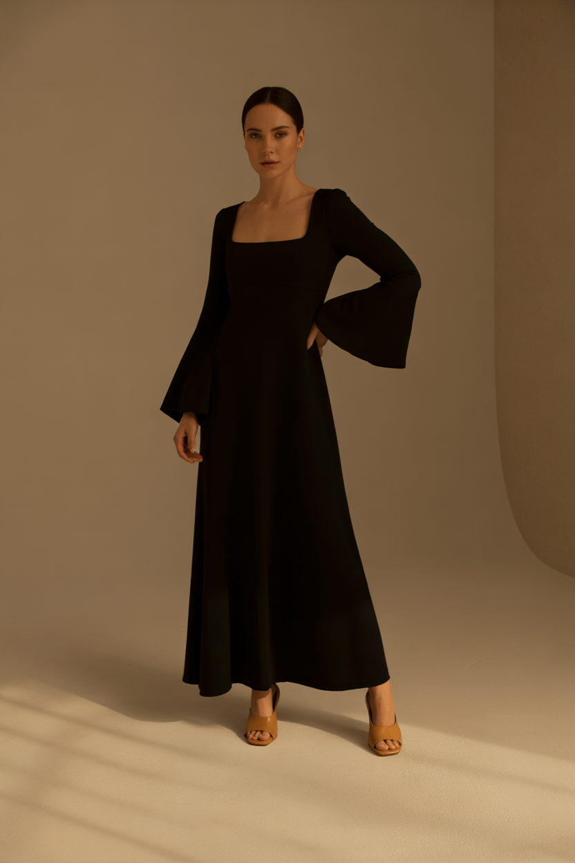 Purple ribbed maxi dress with flared sleeves and square neckline