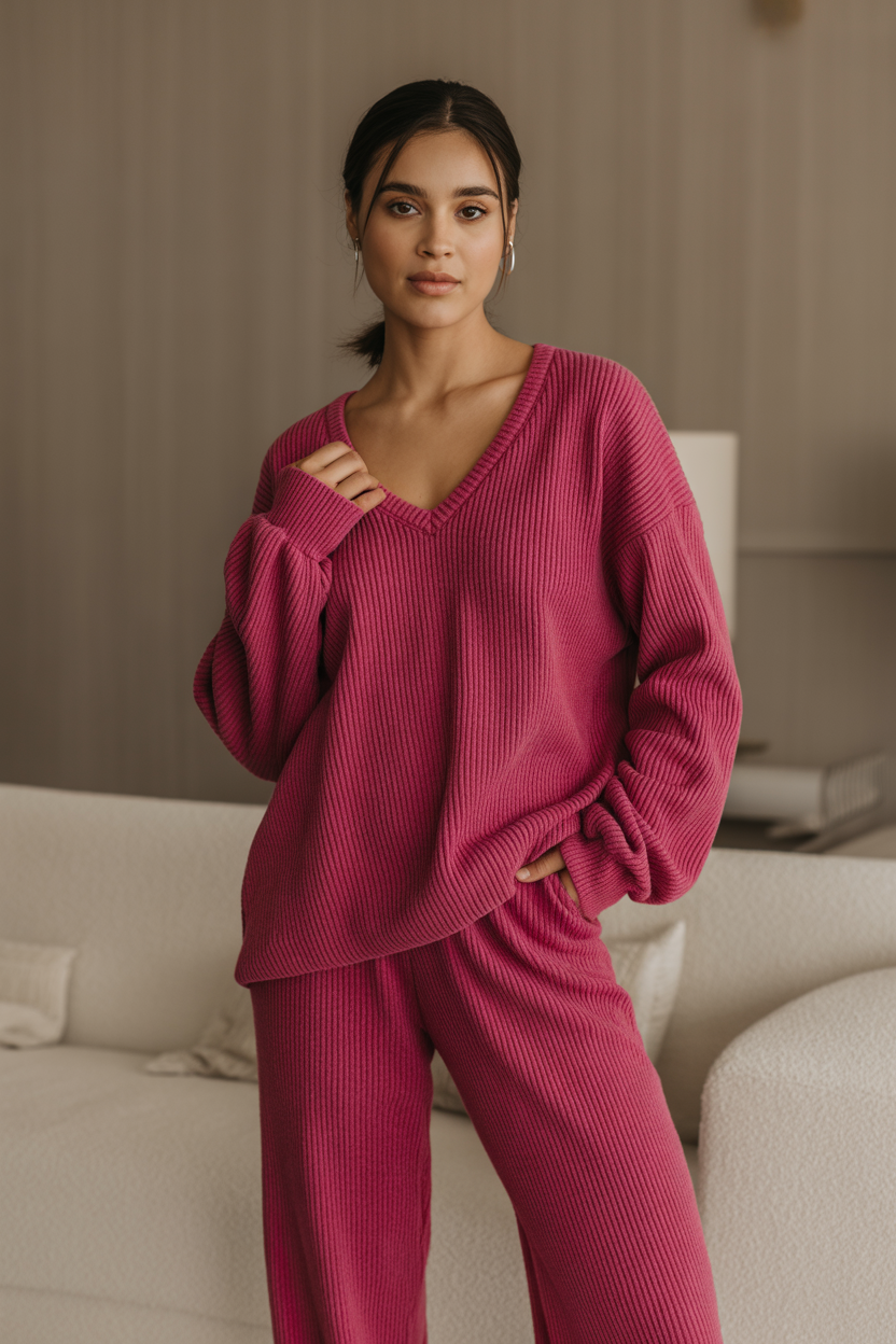 Chocolate Brown Ribbed Knit Lounge Set | Cozy & Minimal