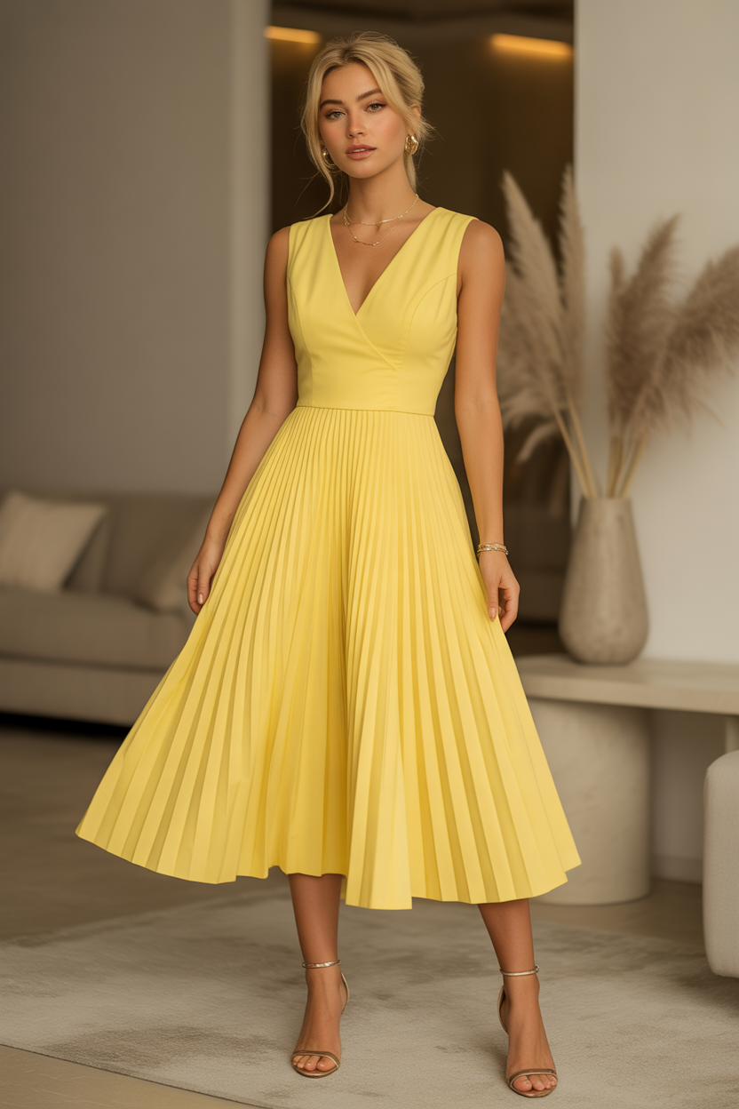 Gele Plissé Zomerjurk – V-Hals Maxi Jurk met Elegante Uitstraling