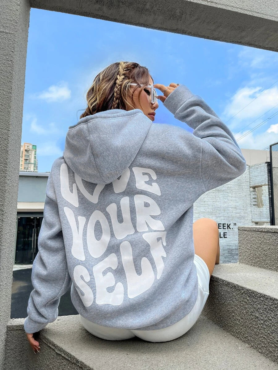 Women’s Oversized Hoodie with Love Yourself Back Print – Multiple Colours