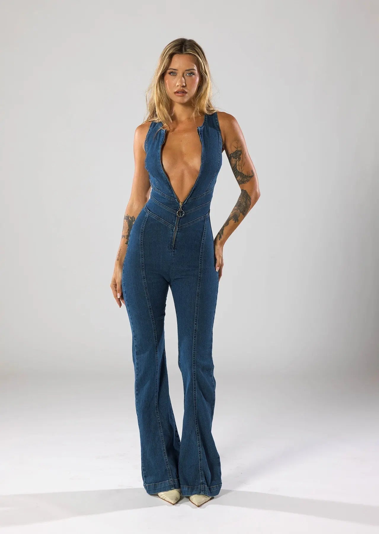 Women’s Deep V-Neck Denim Jumpsuit – Flared Leg One-Piece