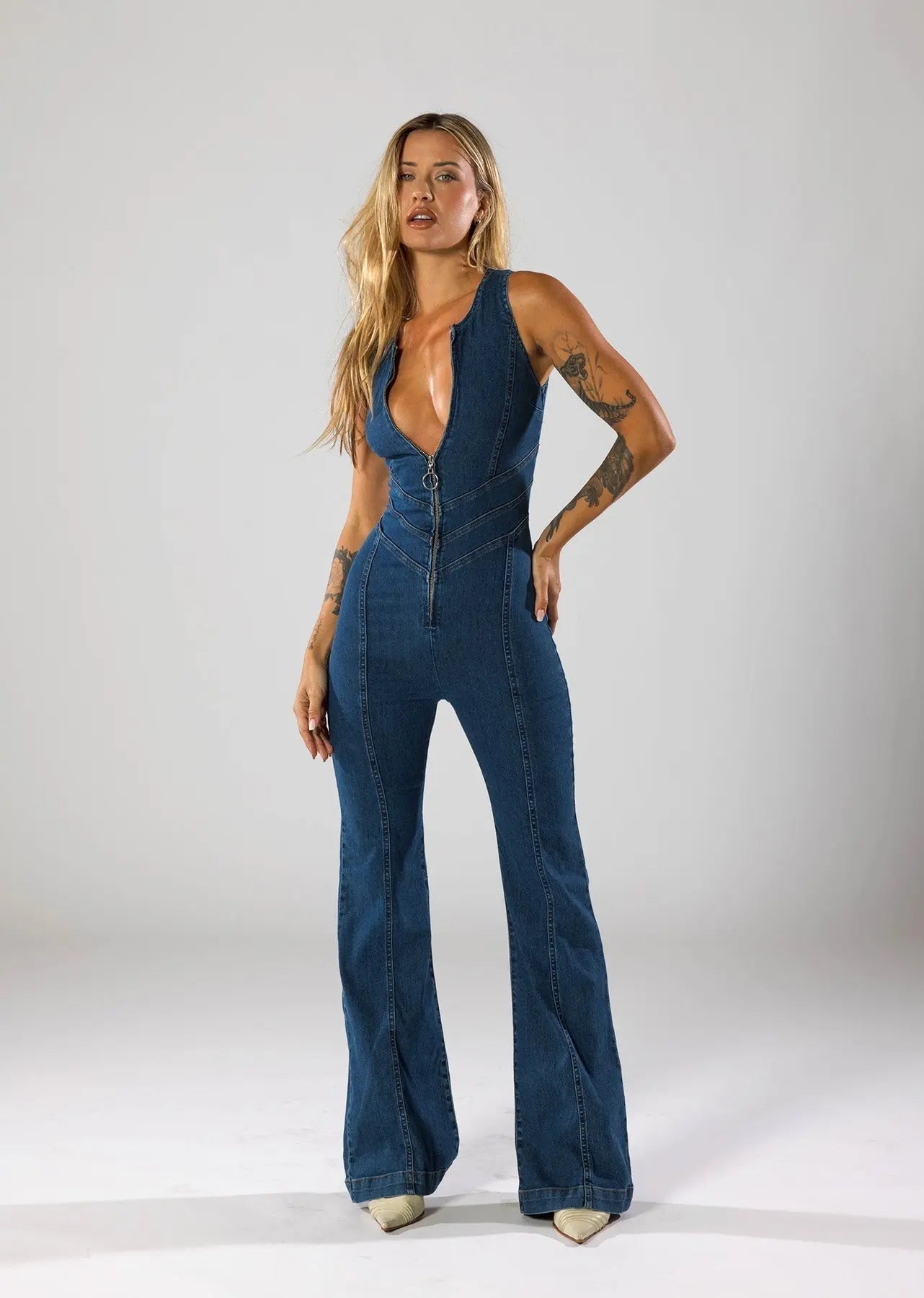 Women’s Deep V-Neck Denim Jumpsuit – Flared Leg One-Piece