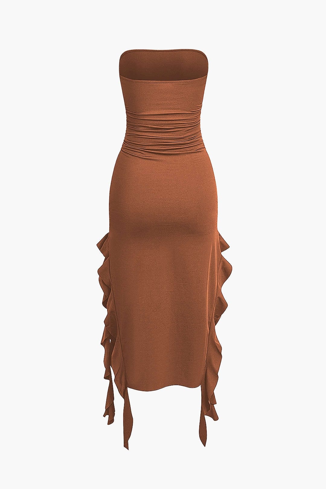 Women’s Strapless Bodycon Midi Dress with Ruffle Hem – Party Outfit