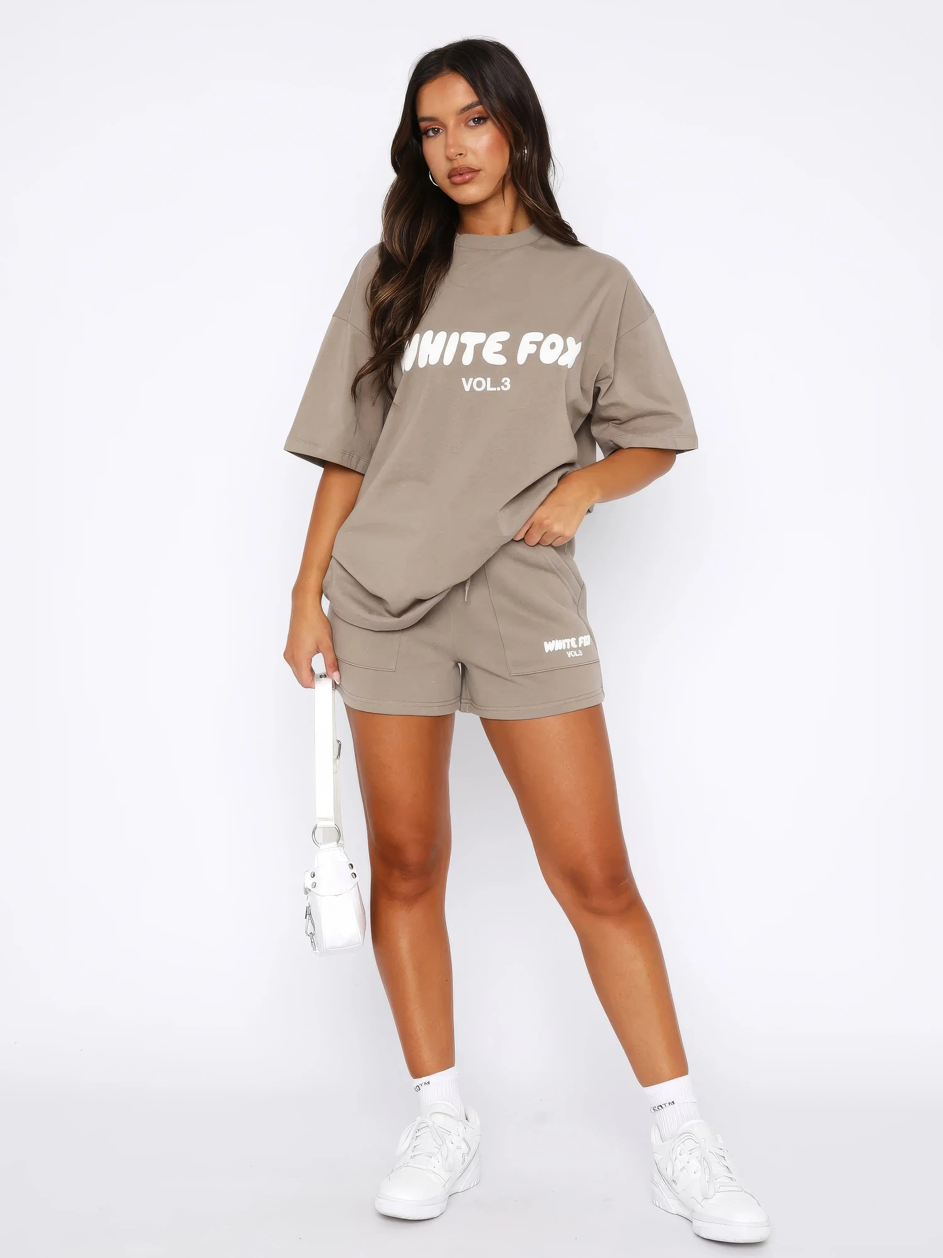 Oversized T-Shirt and Shorts Set for Women – White Fox Casual Co-Ord in Taupe